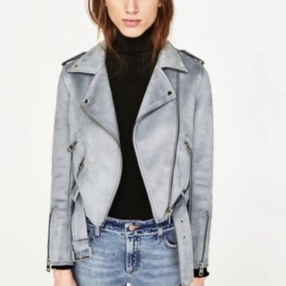 Zara Light Blue Suede Moto Jacket